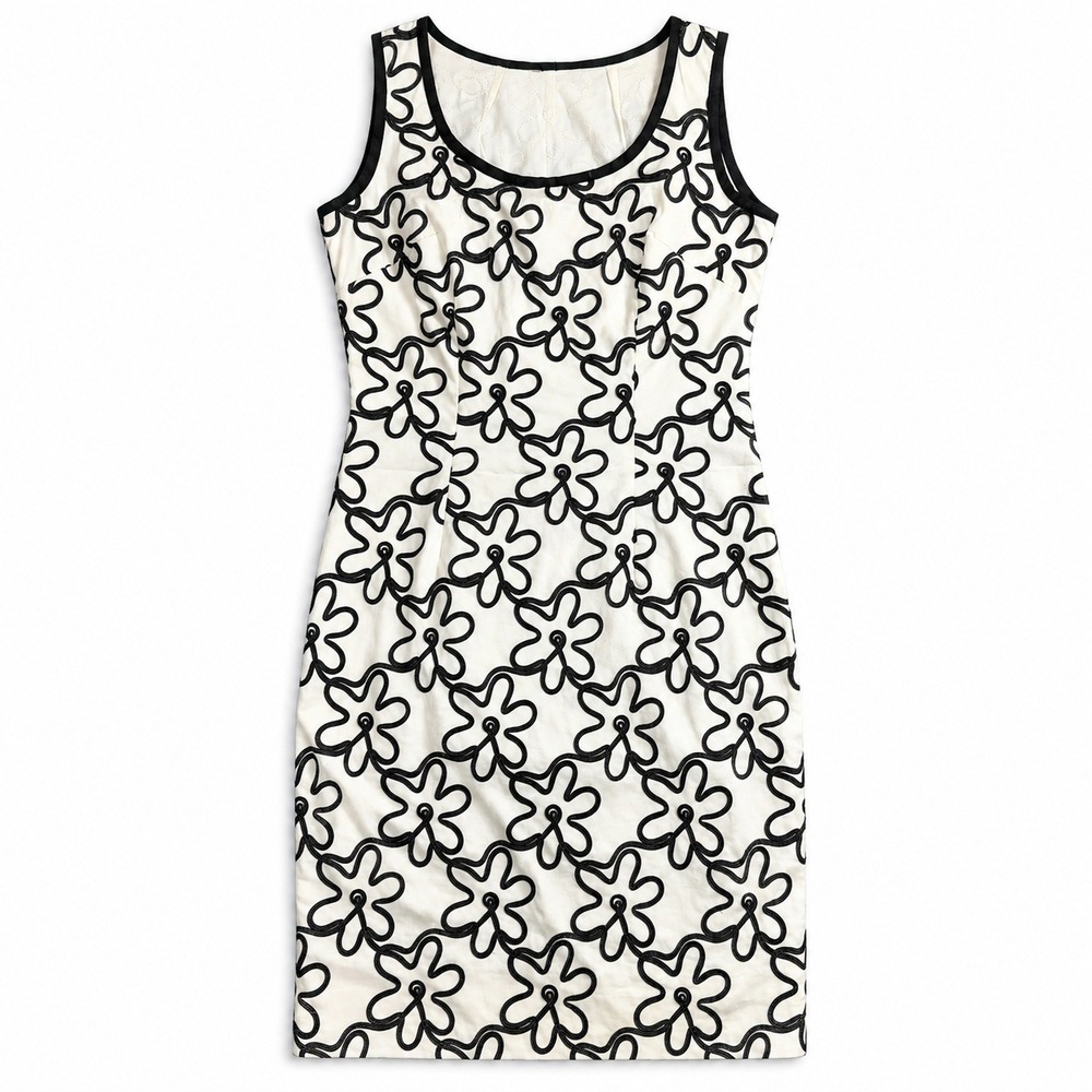 Vintage Black White Floral Embroidered Shift Dress Sleeveless Scoop Neck Knee L